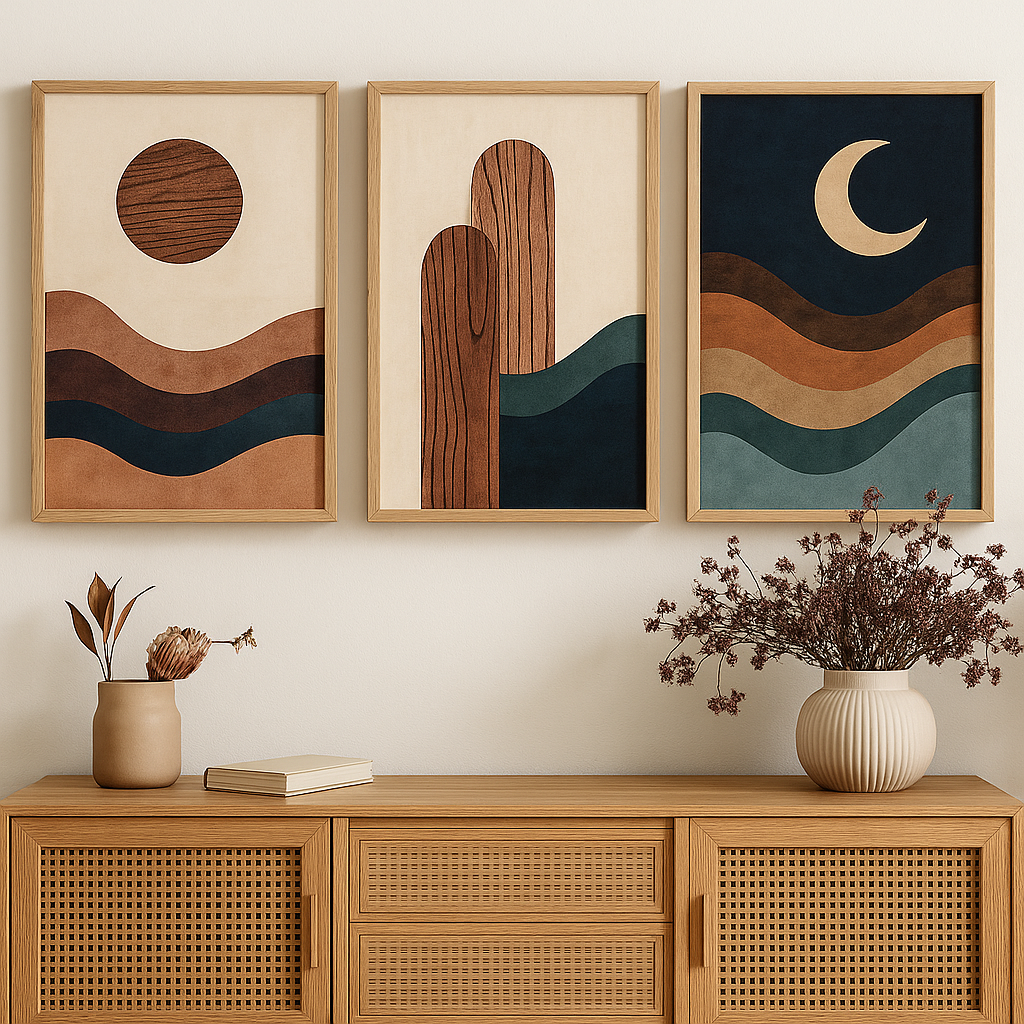 Boho Abstract Wall Art – Set of 3 Wooden Frame Paintings (13×17 Inch) | Modern Living Room & Bedroom Decor